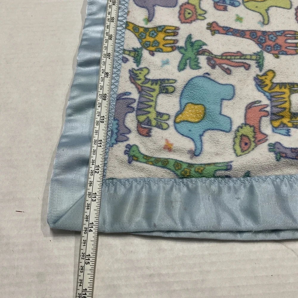 Vintage Blanket‎ Baby Boy Blue Animal Print Satin Trim Zoo Monkey Elephant Lion
